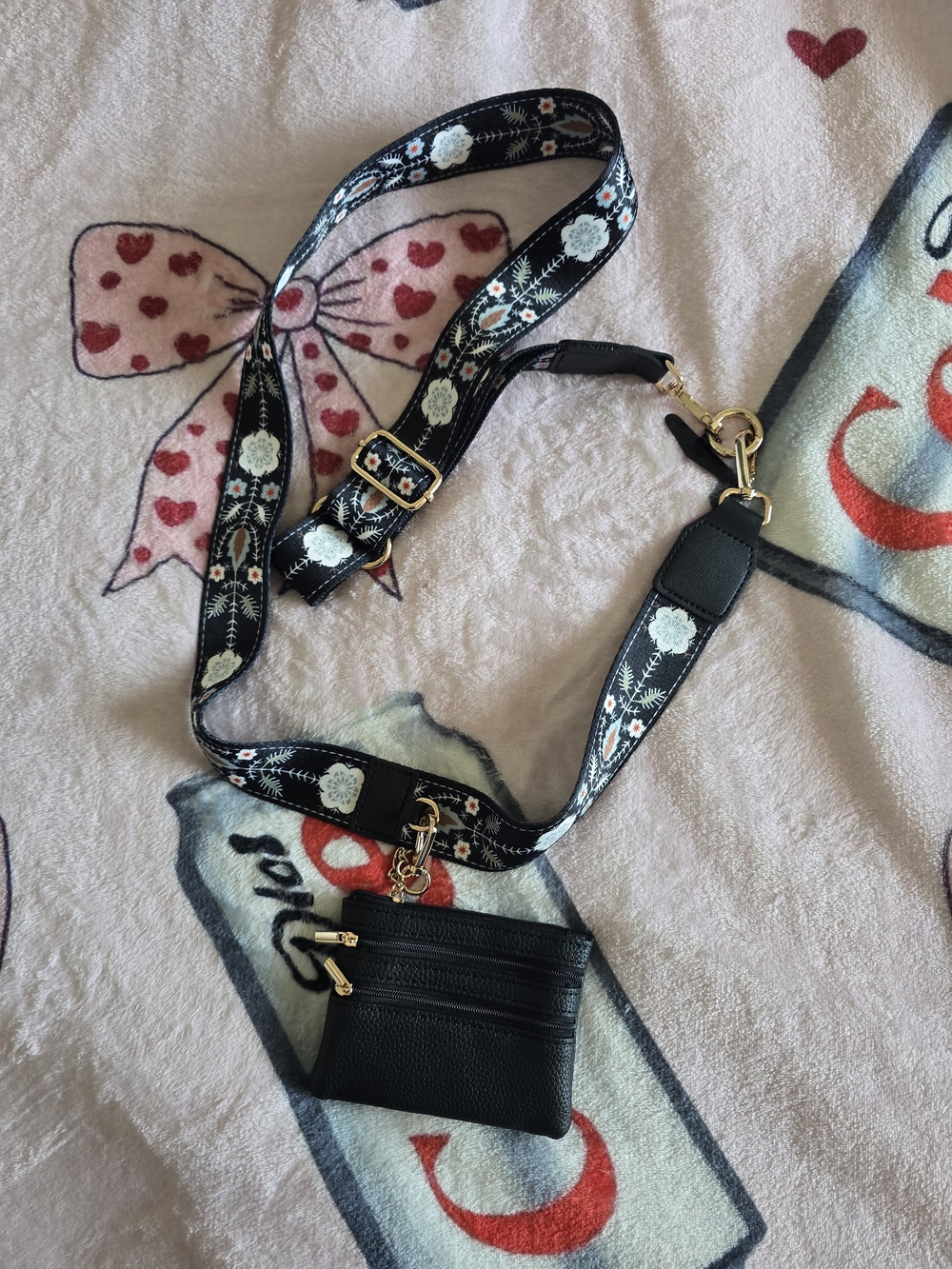 Source Unknown Black Floral Adjustable Strap with Black Leather Coin Pouch